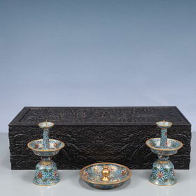 A Set of Fine Cloisonne Lotus Pattern Ornaments,With Auspicious Cloud and Dragon Pattern Box