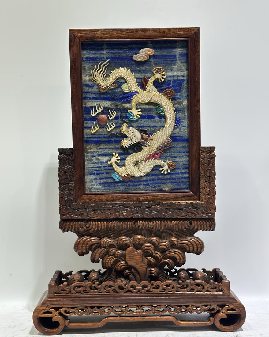 A Huge Huanghuali wood Auspicious Cloud and Dragon Pattern Screen,Inlaid Gems (1 of 10)