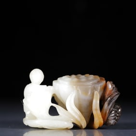 An Exquisite Hotan Jade Figure and Lotus Seed Ornament