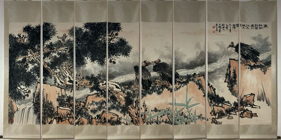 A Set of Chinese Vertical Scroll Ink Painting of Pine and Eagle on Paper,Pan Tianshou