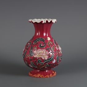 An Exquisite Ruby Red-Glazed Famille-Rose Lotus Pattern Vase