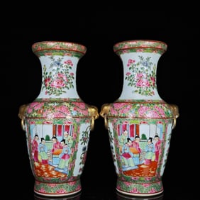 A Pair of Exquisite Famille-Rose Painted Gold Figure,Flower and Bird Pattern Beast-Ears Vases