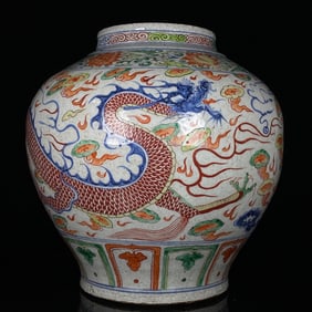 A Rare Wucai Auspicious Cloud and Dragon Pattern Jar