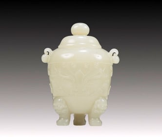An Exquisite White Jade 'Animal Mask' Tripod Vase And Cover