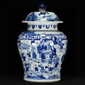 A Rare Blue and White Character and Story Pattern Cover Jar