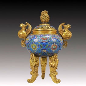 An Exquisite Cloisonne Lotus Pattern Phoenix-Ears and Tripod Censer