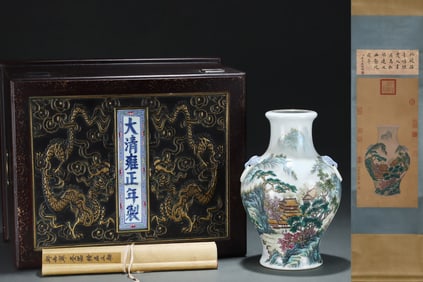 A Rare Famille-Rose Painted Gold Landscape and Figure Pattern Double-Ears Vase,With Vertical Scroll