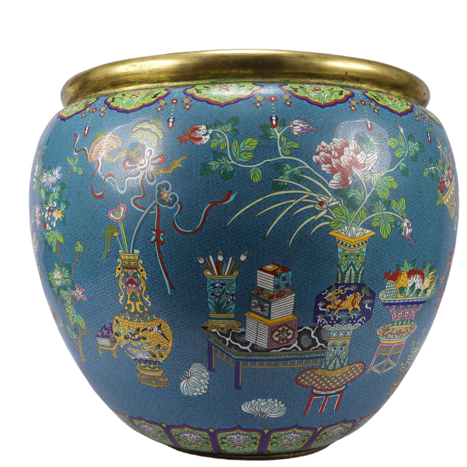 A Huge Cloisonne Flower and Fruit Pattern Water Pot: A Huge Cloisonne Flower and Fruit Pattern Water Pot,Qing Dynasty, China,Qianlong Four-character Mark,Size:20.5inx18.1in,Weight:34500g 景泰蓝花果纹水盂,&
