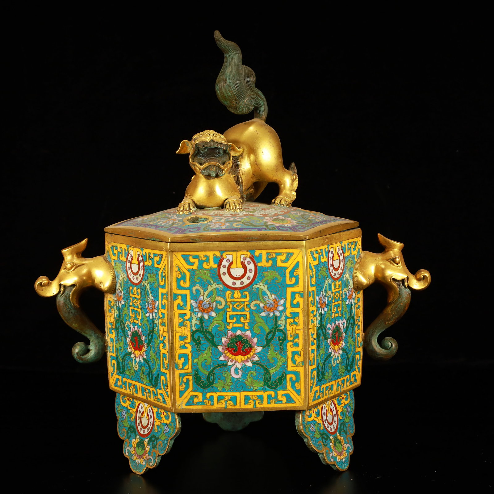 A Rare Cloisonne Lotus Pattern Double-Ears and Tripod Censer: A Rare Cloisonne Lotus Pattern Double-Ears and Tripod Censer,(A type of enamelware with metal wires separating colored glaze, originating in China),Qing Dynasty,China,Qianlong Four-character