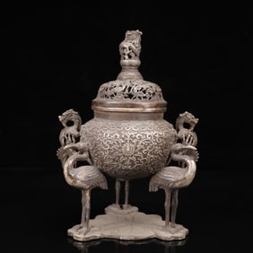 An Exquisite Silver Lotus Pattern Crane Censer