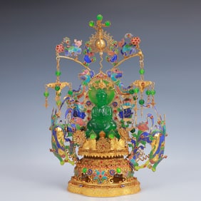 An Exquisite Filigree and Gilding Inlaid Jadeite Buddha Statue,Inlaid Gems