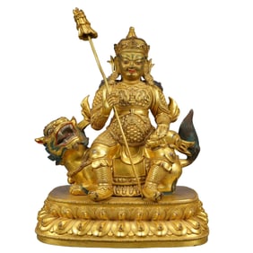 A Solemn Gilt Bronze Statue of Heavenly King Rides the Lion,With Inscription