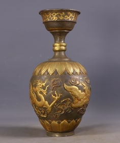 An Exquisite Gilt Bronze Auspicious Cloud,Dragon and Phoenix Pattern Vase