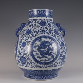 A Huge Blue and White Lotus,Dragon and Phoenix Pattern Vase
