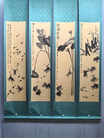 A Set of Chinese Vertical Scroll Ink Painting of Frog on Paper,Qi Baishi