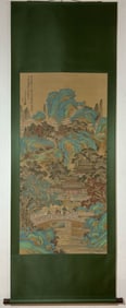 A Chinese Vertical Scroll Ink Painting of Landscape and Figure on Silk,Zhang Daqian