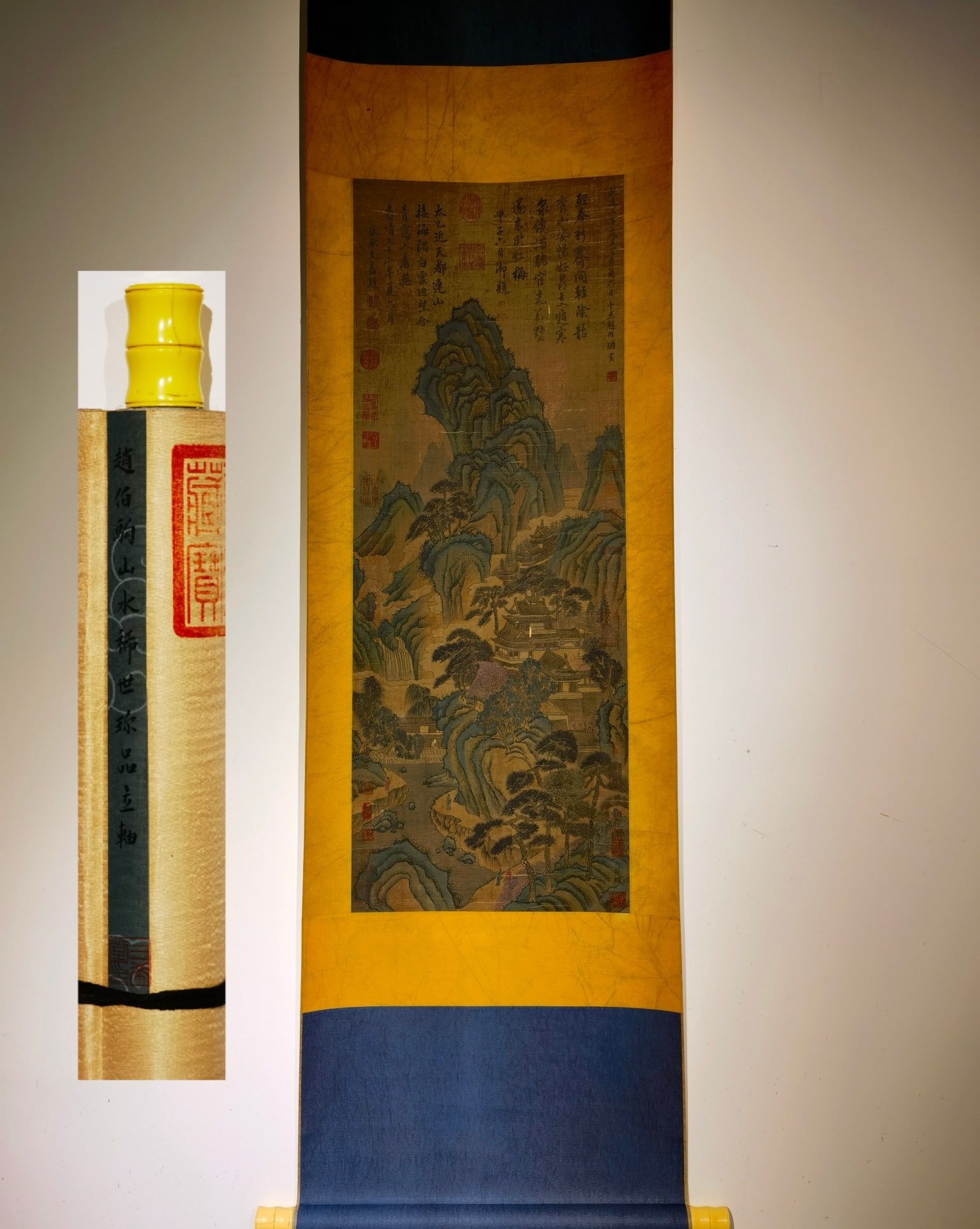 A Chinese Vertical Scroll Ink Painting of Landscape and Figure on Silk,Zhao Boju: A Chinese Vertical Scroll Ink Painting of Landscape and Figure on Silk,Zhao Boju,Size:(entirety)86.6inx20.9in,(Without frame)41.7inx15.6in 