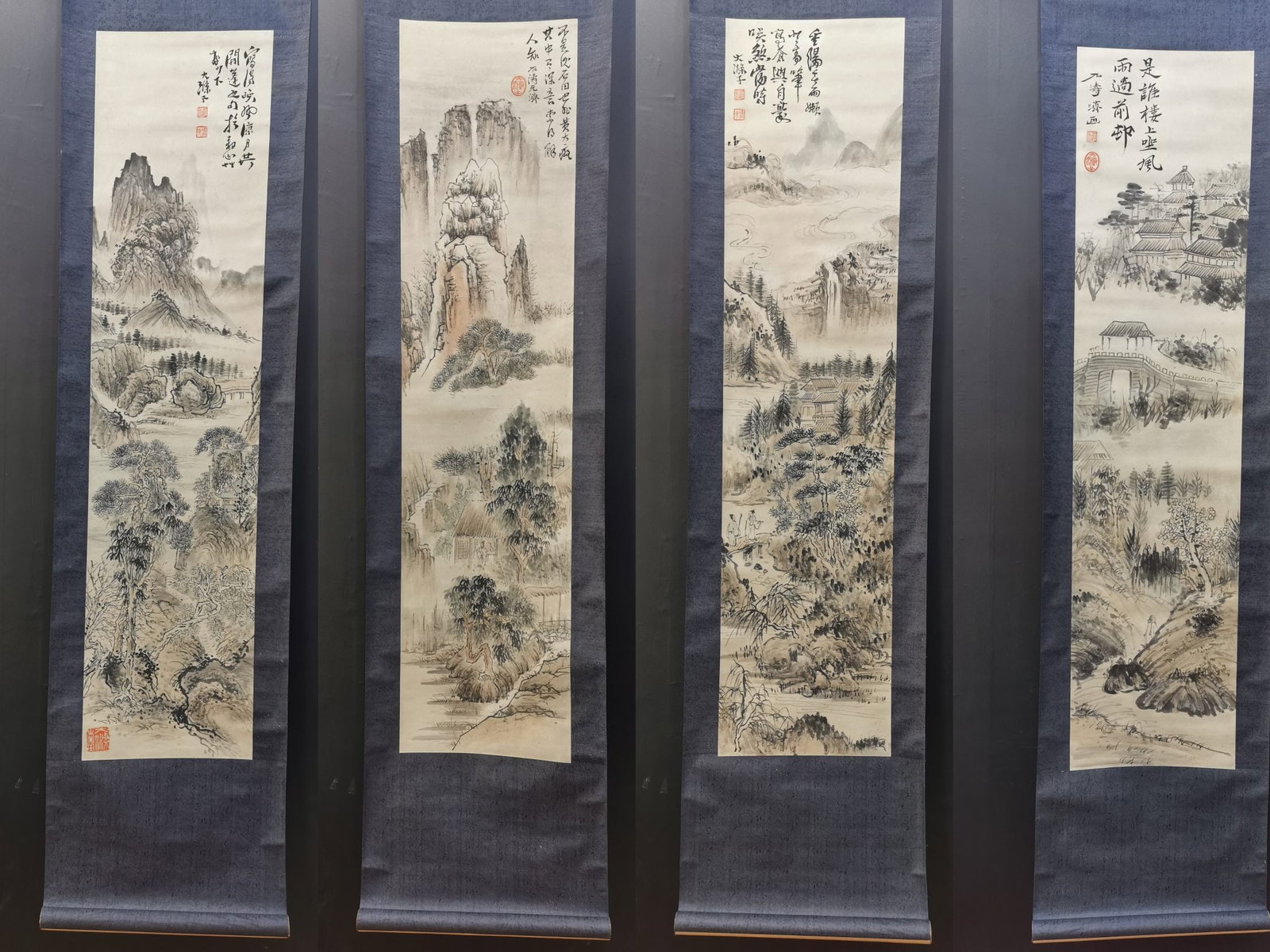 A Set of Chinese Vertical Scroll Ink Painting of Landscape and Figure on Paper,Shi Tao: A Set of Chinese Vertical Scroll Ink Painting of Landscape and Figure on Paper,Shi Tao,Size:(Without frame)12.6inx53.5in*4 