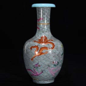 A Rare Famille-Rose Painted Gold Seawater and Dragon Pattern Vase