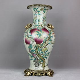 A Huge Famille-Rose Inlaid Bronze Bats and Peach Pattern Goat-Ears Vase