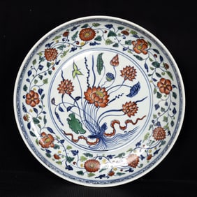 A Huge Blue and White Wucai Lotus Pattern Plate