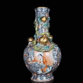 A Rare Famille-Rose Ink Color Painted Gold Peach and Figure Pattern Vase