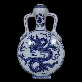An Exquisite Blue and White Lotus,Auspicious Cloud and Dragon Pattern Double-Ears Vase