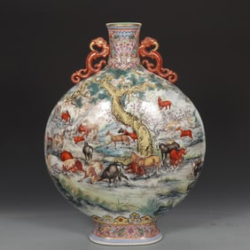 A Huge Famille-Rose Painted Gold Landscape and Horse Pattern Dragon-Ears Vase