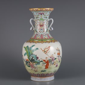 An Exquisite Famille-Rose Painted Gold Character and Story Pattern Ruyi-Ears Vase