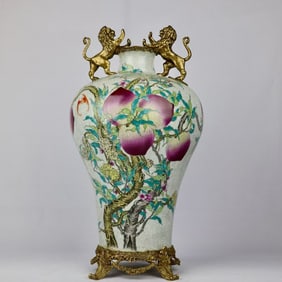 A Huge Famille-Rose Inlaid Bronze Bats and Peach Pattern Lion-Ears Vase