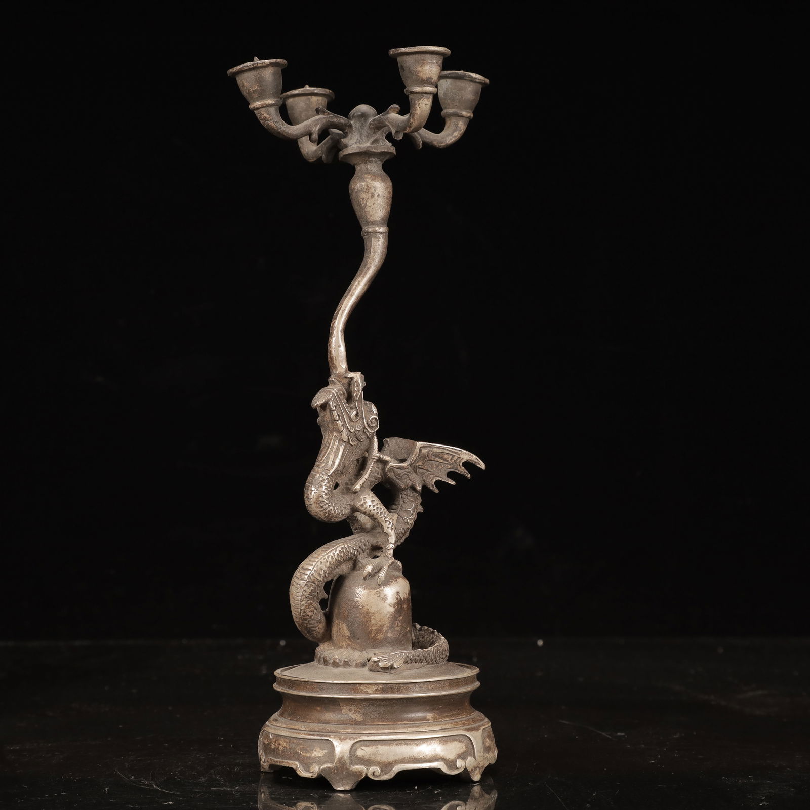 An Exquisite Silver Dragon Pattern Candlestick - 5
