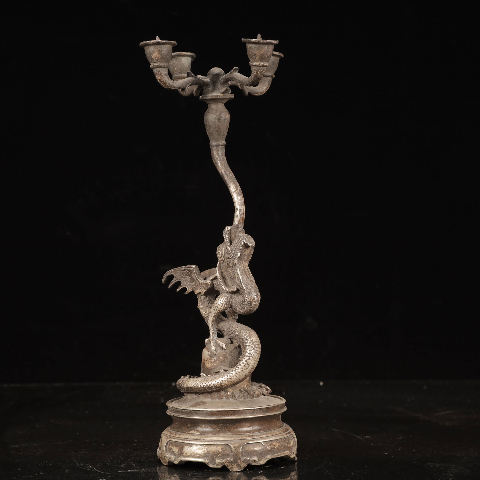 An Exquisite Silver Dragon Pattern Candlestick - 7