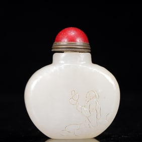 An Exquisite White Jade Figure Pattern Snuff Bottle,with poem