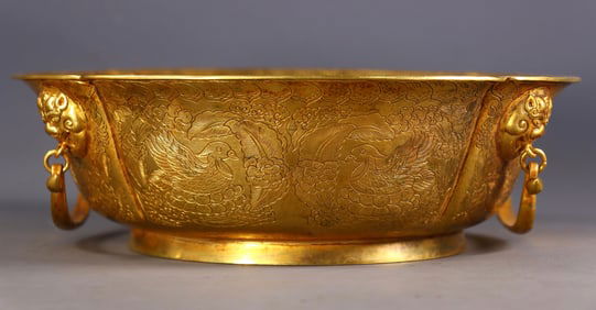 An Exquisite Gilt Bronze Flower and Bird Pattern Beast-Ears Basin
