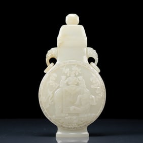 An Exquisite White Jade Figure Pattern Elephant-ears Vase with Cover