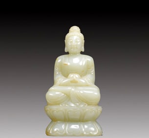 An Exquisite Greenish Jade Statue of Sakyamuni Ornament