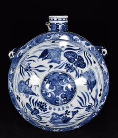 An Exquisite Blue and White Lotus and Mandarin Duck Pattern Beast-Ears Pot