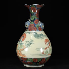 A Huge Doucai Landscape and Buddha Pattern Beast-Ears Vase
