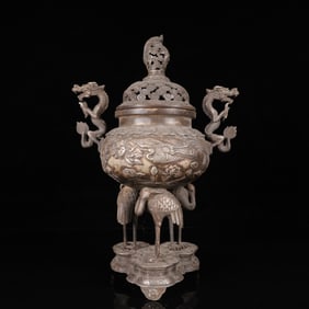 An Exquisite Silver Crane Pattern Dragon Pattern Beast Legs Censer