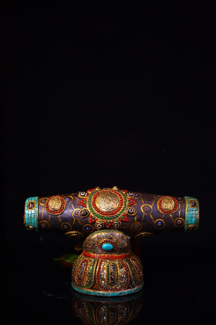 A Rare Meteorite Inlaid Dzi Bead and Gems Ornament,With Base: A Rare Meteorite Inlaid Dzi Bead and Gems Ornament,With Base,Size:7.1inx11.8in,Weight:3500g 陨石嵌天珠和宝石摆件,带底座