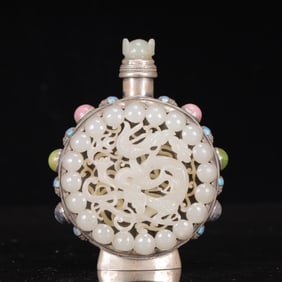 An Exquisite Silver Inlaid White Jade Dragon Pattern Snuff Bottle,Inlaid Gems