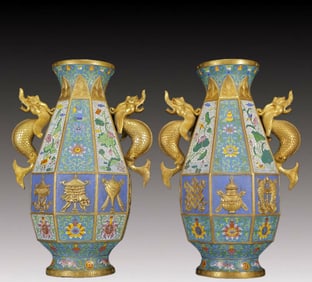 A Pair of Huge Cloisonne Lotus and Eight Treasures Pattern Dragon-Ears Vases