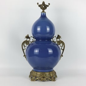 A Huge Sky Blue Glazed Inlaid Bronze Double-Ears Gourd-Shaped Vase