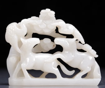 An Exquisite White Jade Hollow Pine and Deer Ornament