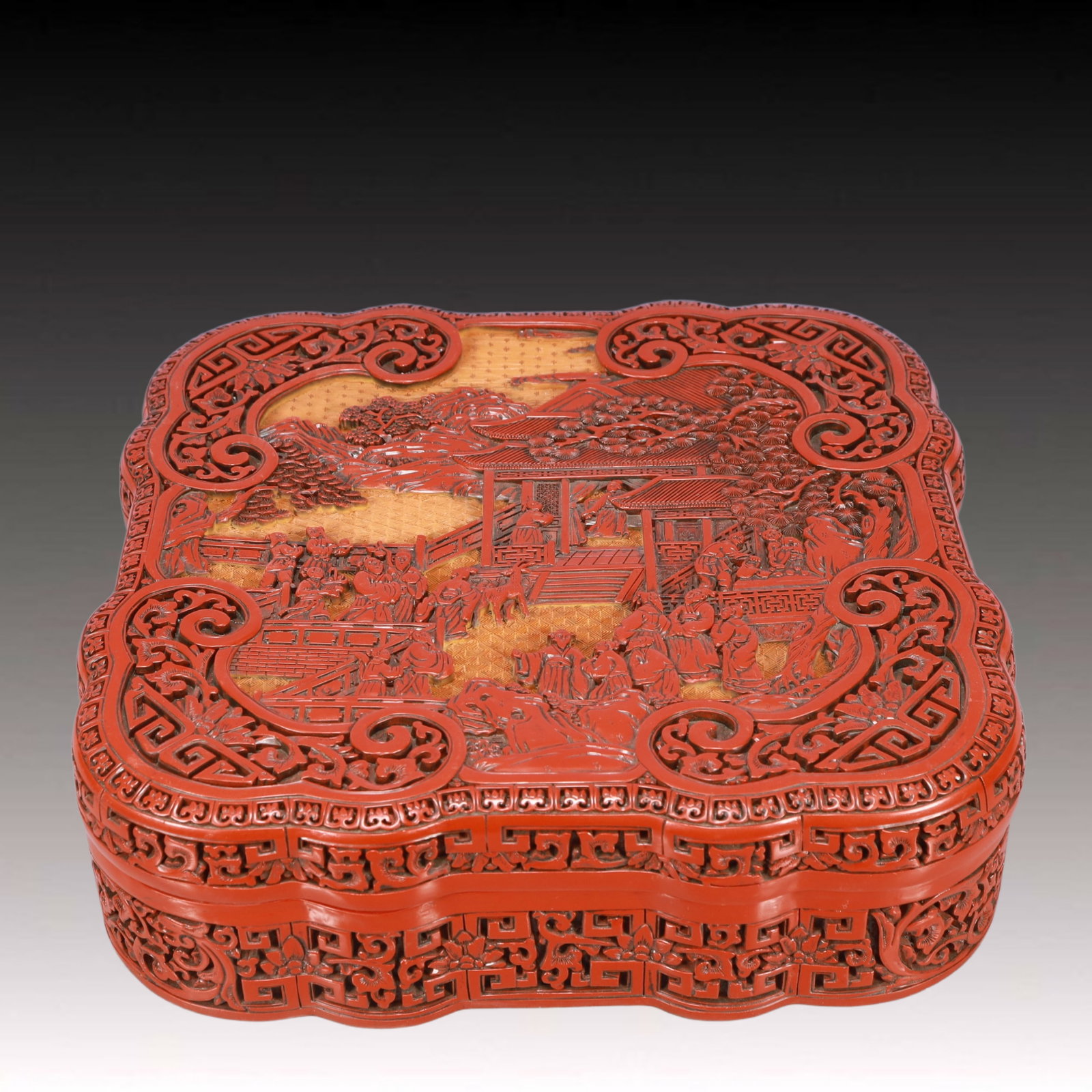 A Huge Carved Red Lacquer Landscape and Figure Pattern Cover Box (1 of 7)