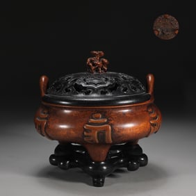 An Exquisite Bronze Sanskrit Lion-Ears Censer,With Base
