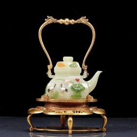 An Exquisite White Jade Inlaid Gems Crane Pattern Ewer with Gilt Bronze Dragon Pattern Handle and