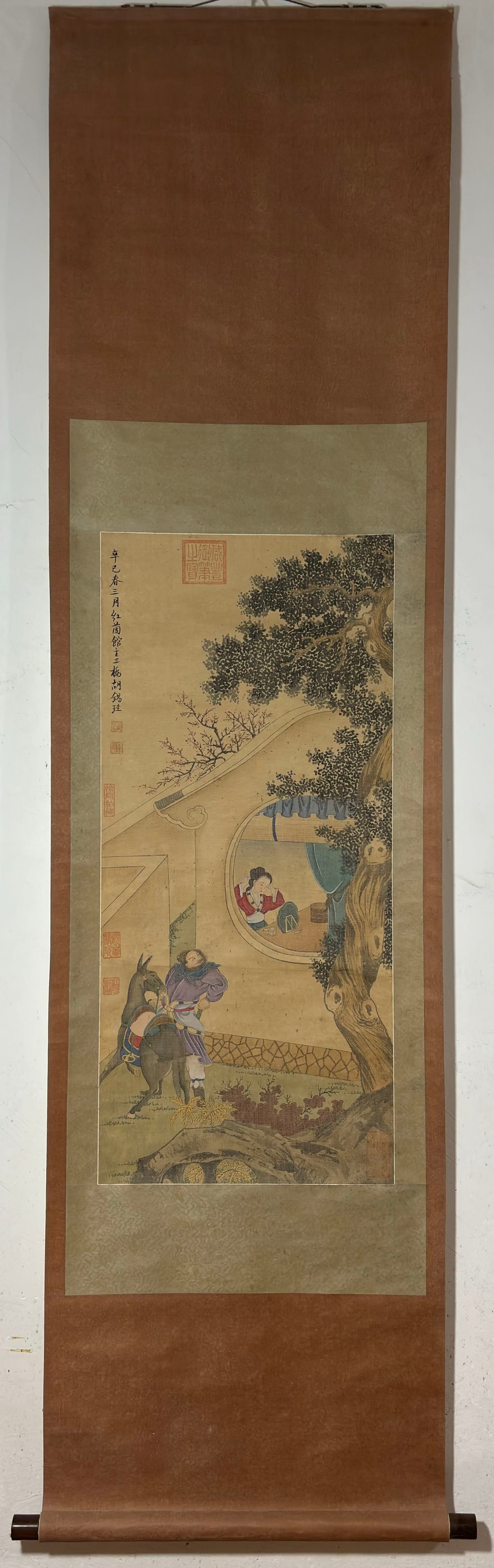 A Chinese Vertical Scroll Ink Painting of Character and Story on Silk,Hu Xigui (1 of 9)