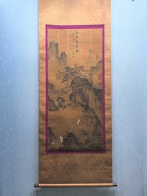 A Chinese Vertical Scroll Ink Painting of Landscape and Figure on Silk,Zhao Gou