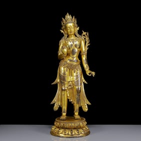 A Solemn Gilt Bronze Inlaid Turquoise Statue of Avalokitesvara